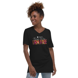 Because He Lives 2024 I am Free Unisex Short Sleeve V-Neck Tee