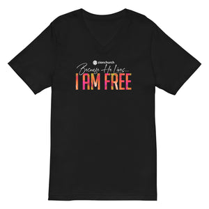 Because He Lives 2024 I am Free Unisex Short Sleeve V-Neck Tee